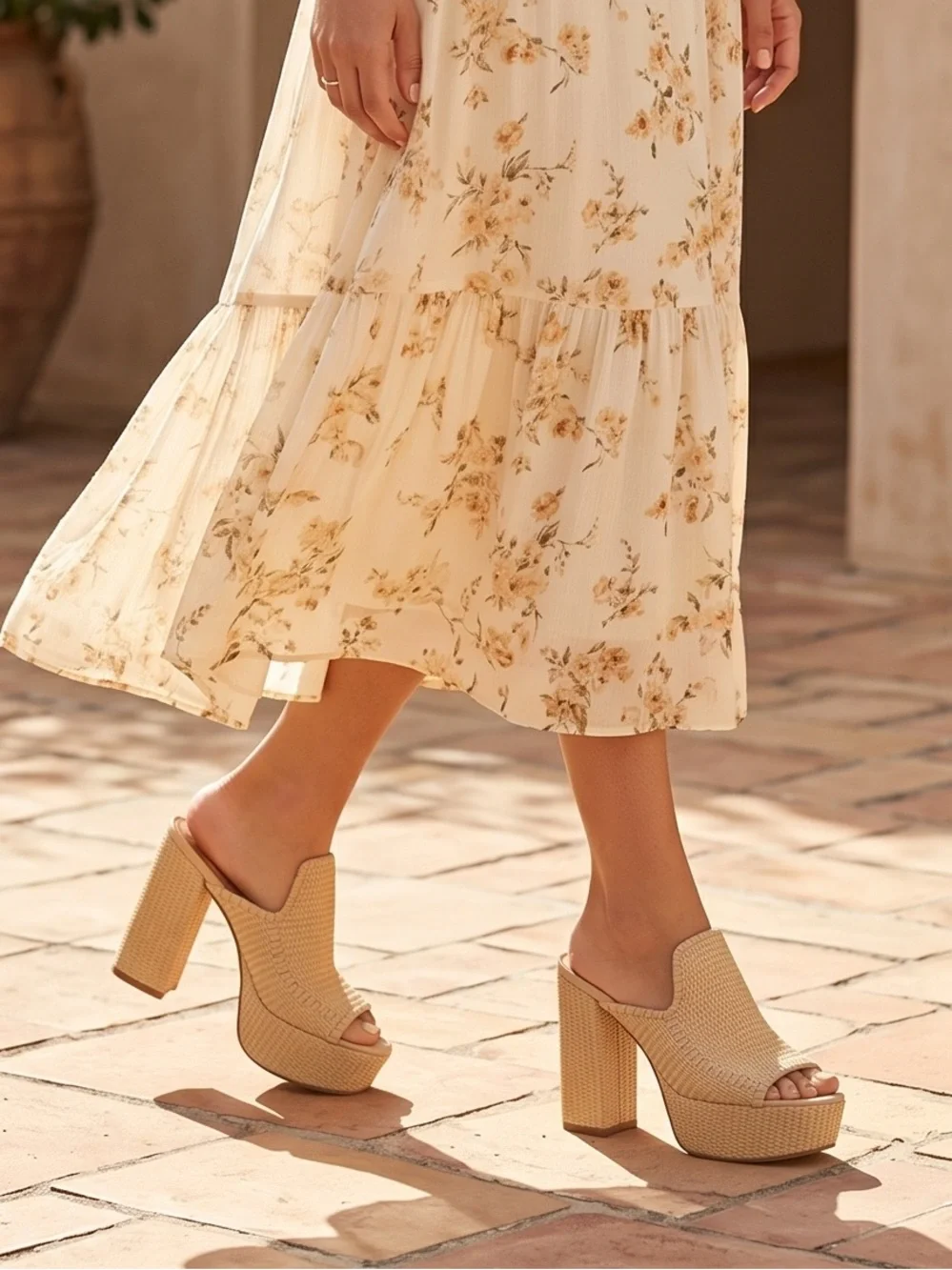 Beige Woven Peep Toe Platform Block high heels sandals size 9
